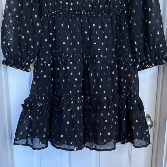 ANTHROPOLOGIE Current Air Ruffled Metallic Dot Mini Dress Black Gold Size Large - Picture 7 of 10